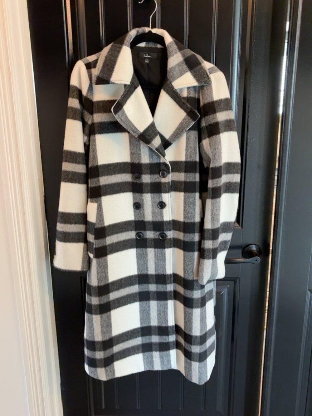 Lulus Black White Gray Plaid Double Breasted Long Coat S